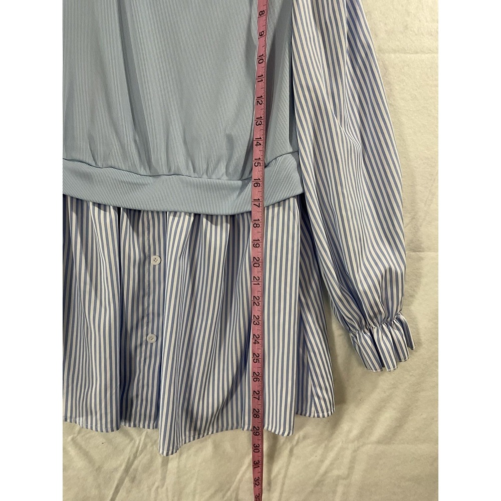 Shein Blouse Womens 1XL Blue Striped Collared Puff Sleeve Tunic Top Plus Size - Picture 2 of 9